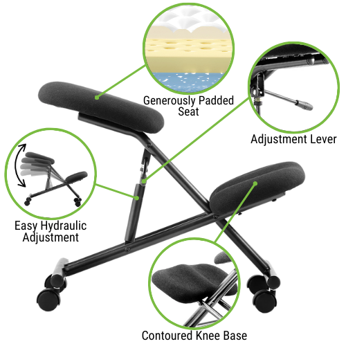 Features of the kneeling chair - easy hydraulic adjustment, contoured knee base, adjustment lever, generously padded seat